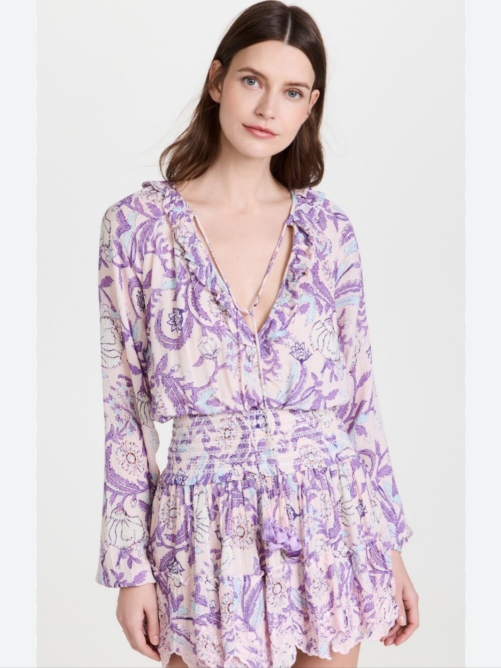HEMANT & NANDITA Cream Floral Mini Dress with Purple Accents